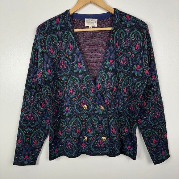 Vintage 90s  Susan Bristol  Metallic Cross Front Cardigan Sweater  Paisley  M - Picture 1 of 4